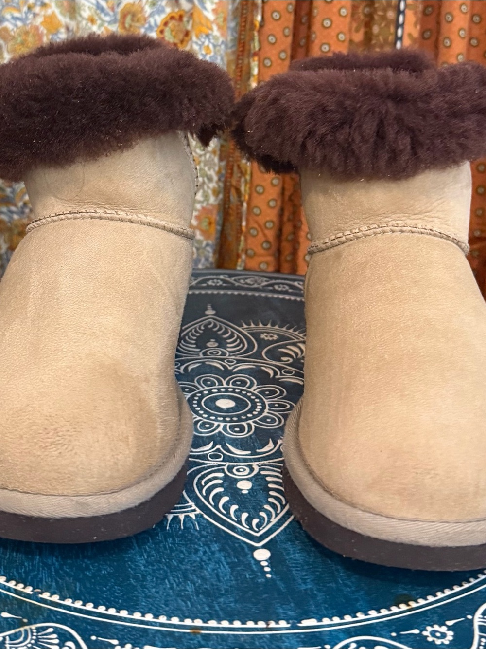 UGG Short Boot with Dark Brown Shearling Cuff - Sand Suede
